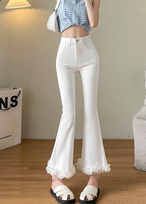 White Ruffled Patchwork Denim Flare Bottoms Fall