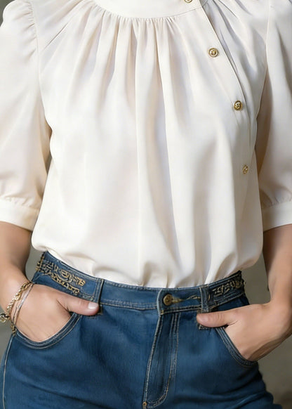 Stylish Apricot O-neck Button Silk Shirts Summer