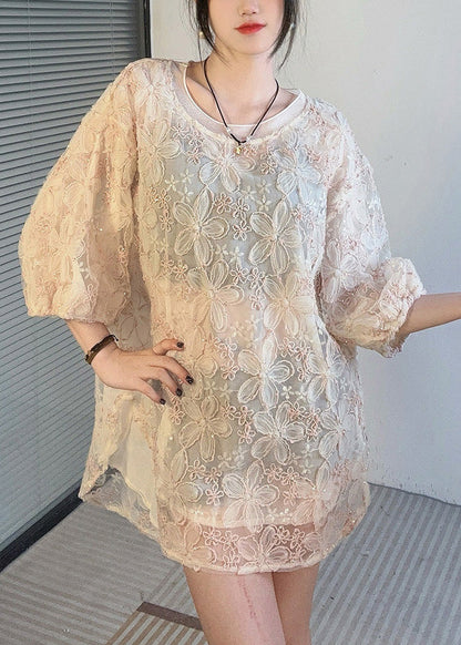 Apricot O-neck Side Open Lace Shirt Half Sleeve
