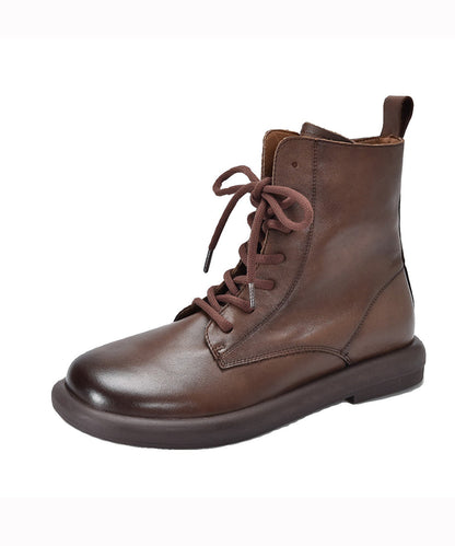 Cowhide Leather Boots Brown Splicing Cross Strap