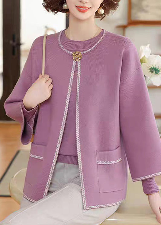 Natural Purple Patchwork Pockets Cotton Knit Cardigans and Sweater Two-piece Set Fall