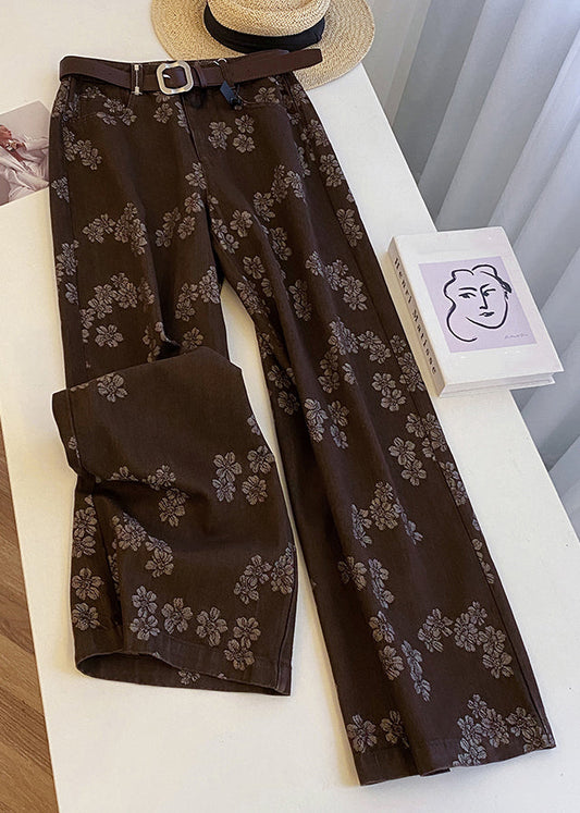 Coffee Print Pockets High Waist Denim Straight Pants Fall