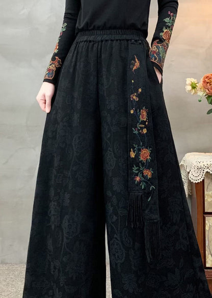 Black Elastic Waist Pockets Jacquard Cotton Pants Fall
