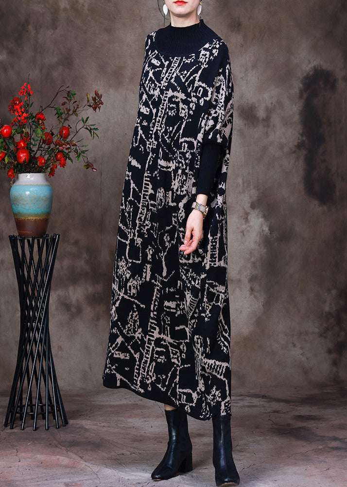 Black Turtleneck Print Knit Patchwork Long Dress Long Sleeve