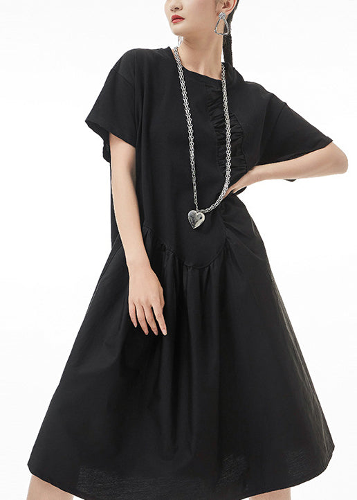 Boutique Black O-neck Wrinkled Vacation Dresses Short Sleeve