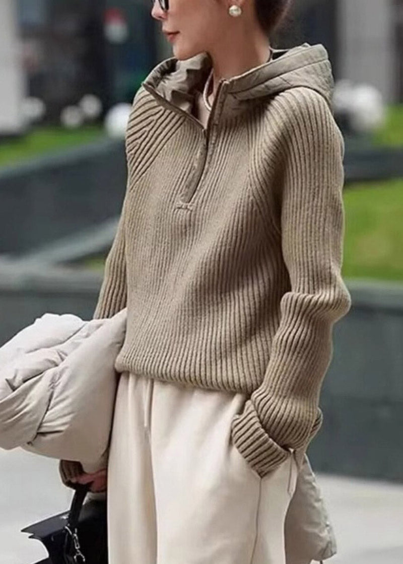 Coffee Zippered Patchwork Hooded Knit Pullover Long Sleeve