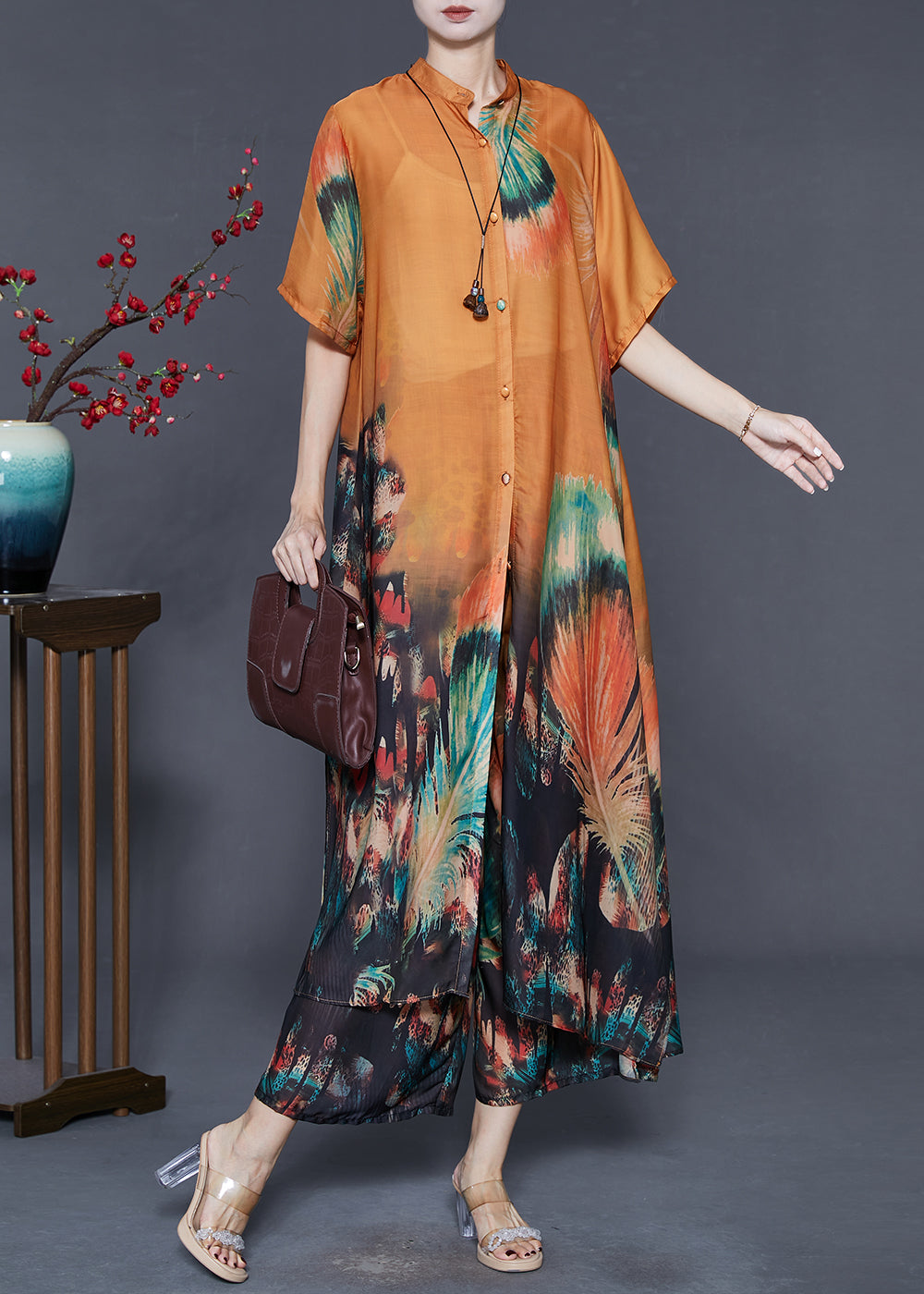 Style Orange Oversized Print Silk Two-piece Set Summer