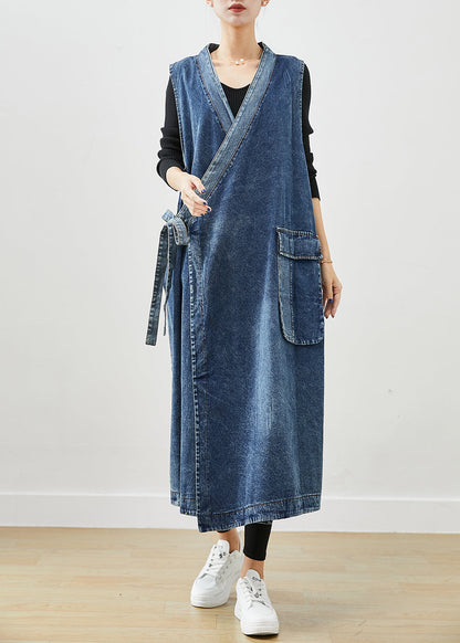 Blue Oversized Lace Up Denim Long Vests Fall