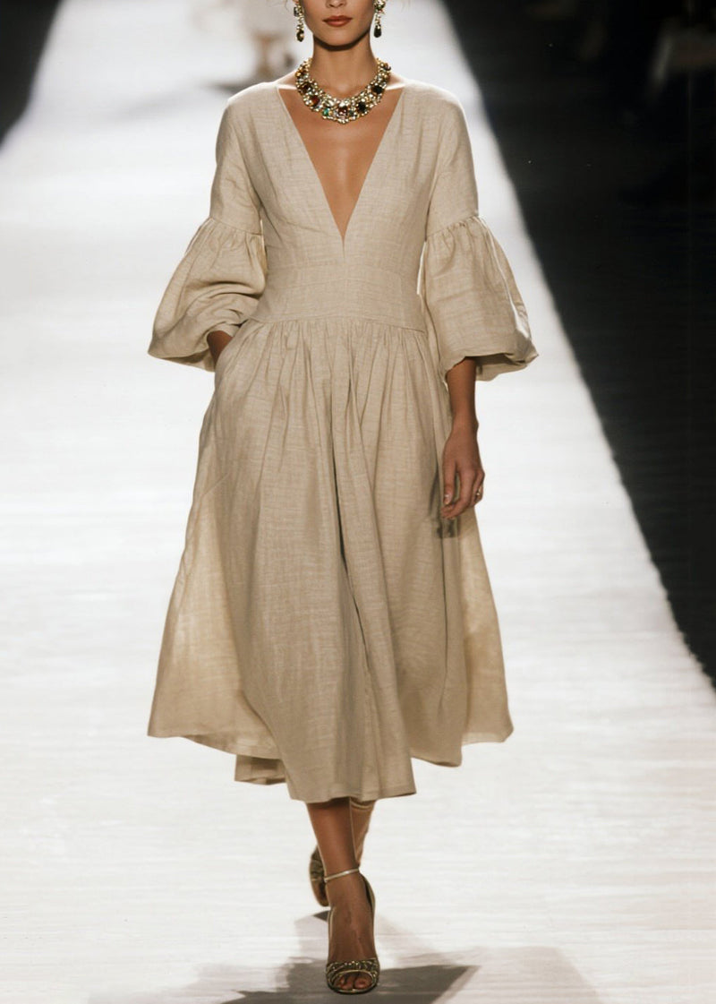 V Neck Wrinkled Patchwork Cotton Dress Fall