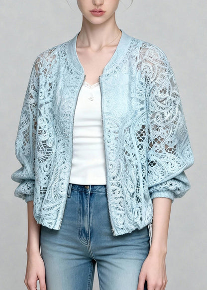 Blue Zip Up Hollow Out Lace Coats Summer