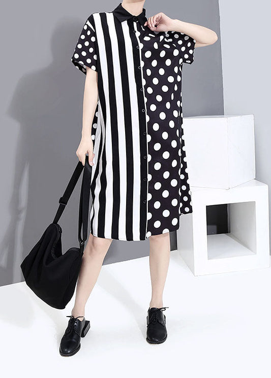 Black Button Peter Pan Collar Striped Dot Patchwork Shirt Dresses Spring