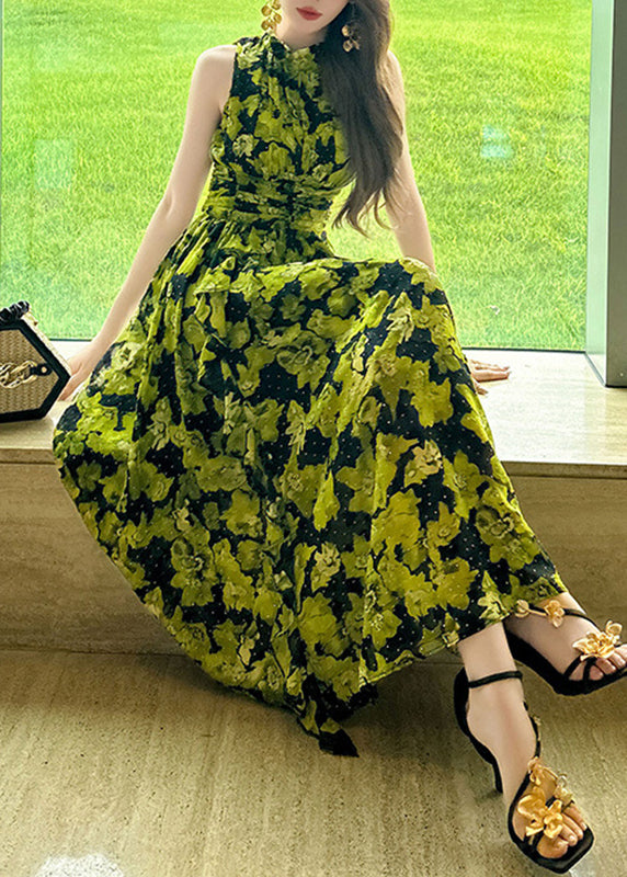 Green Print High Waist Chiffon Holiday Long Dress Summer