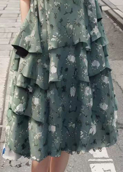 Slim Fit Green V Neck Patchwork Print Silk Maxi Pleated Dresses Summer