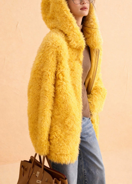 Simple Yellow Hooded Teddy Faux Fur Coats Winter