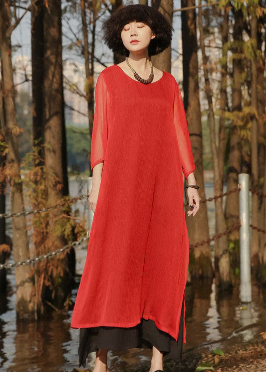 Red Side Open Pockets Cotton Long Dress Three Quarter Sleeve