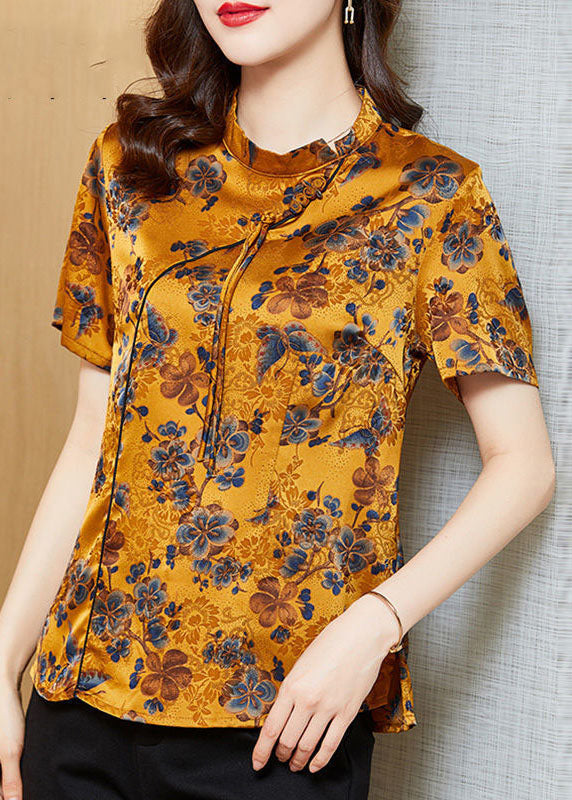 Yellow Stand Collar Print Tassel Oriental Silk Shirts Short Sleeve Summer