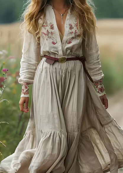 Beige V Neck Print Patchwork Cotton Long Dress Spring