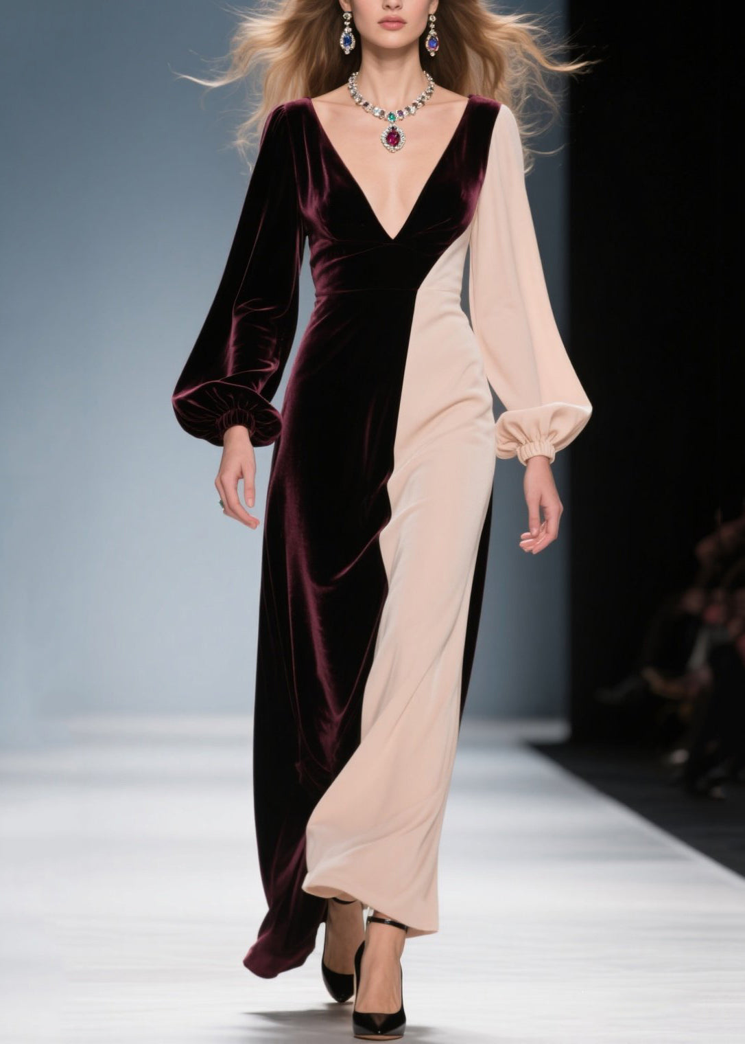 Colorblock V Neck Patchwork Velvet Long Dress Fall