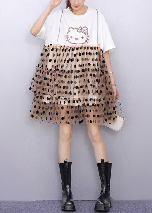 White Ruffled Dot Patchwork Cotton Mid Dress Summer