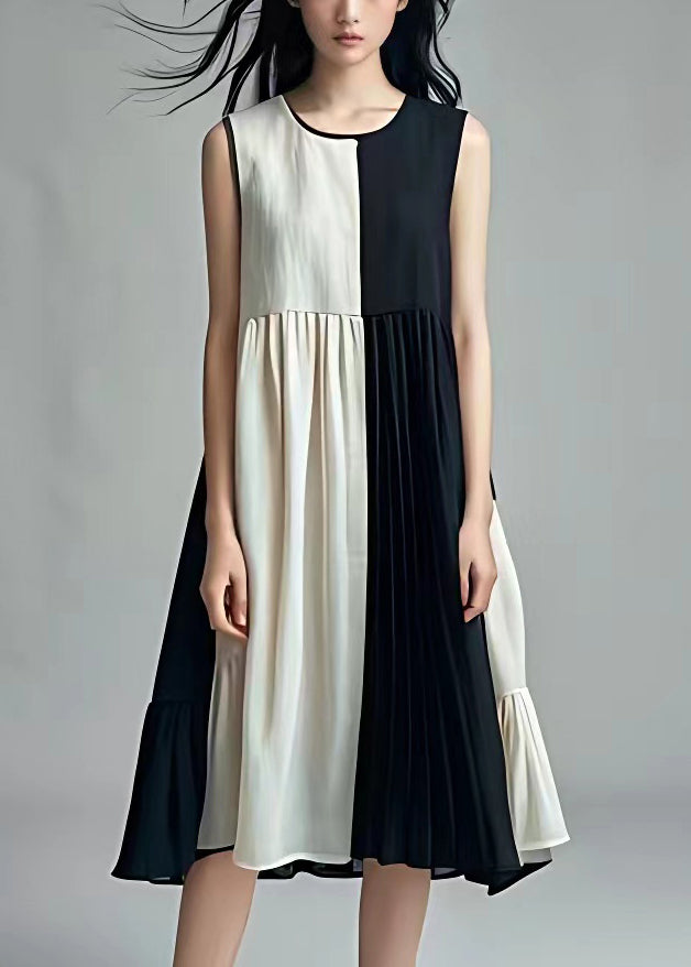Black Wrinkled Patchwork Cotton Dresses Sleeveless