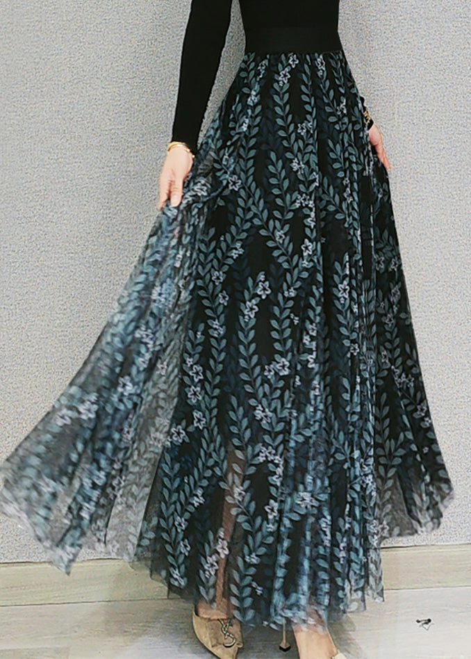 Dull Green Print Elastic Waist Tulle Maxi Skirts Spring