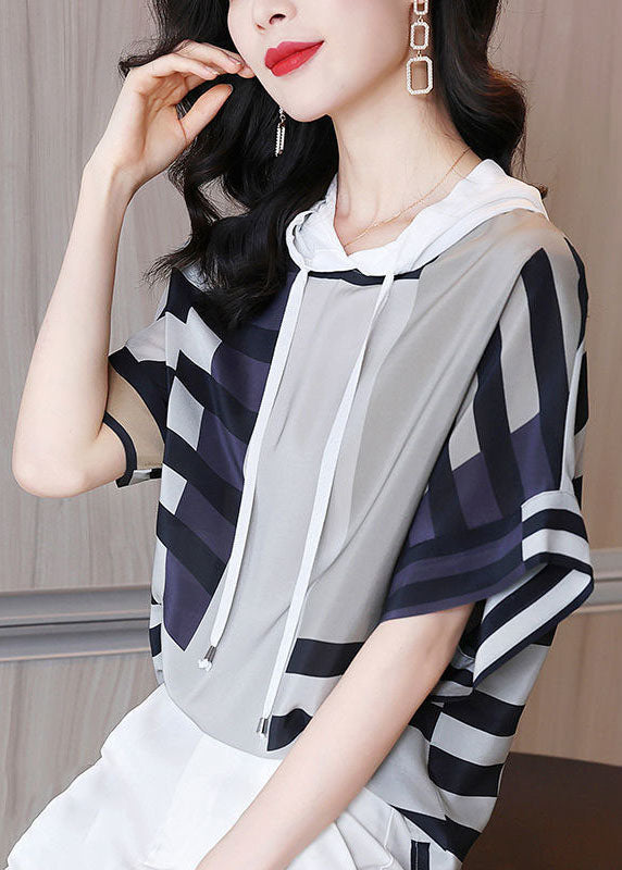 Coloblock Hooded Oversize Print Silk Shirt Summer
