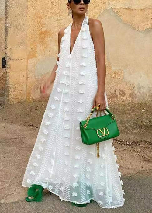 White Backless Ribbon Maxi Dress Sleeveless