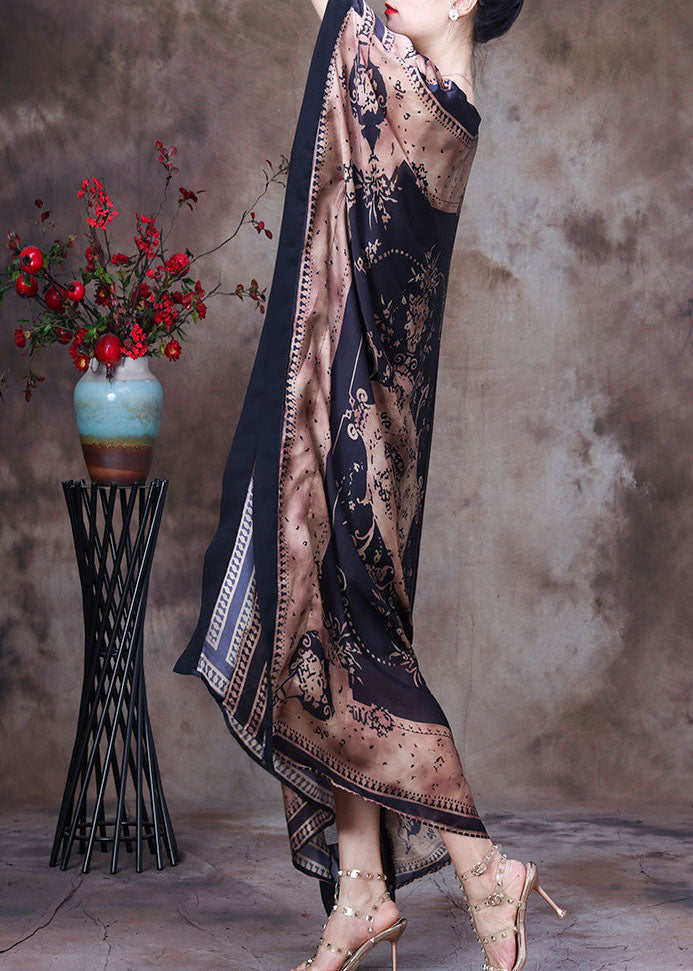 Modern Chocolate O-neck Print Silk Long Dress Gown Batwing Sleeve