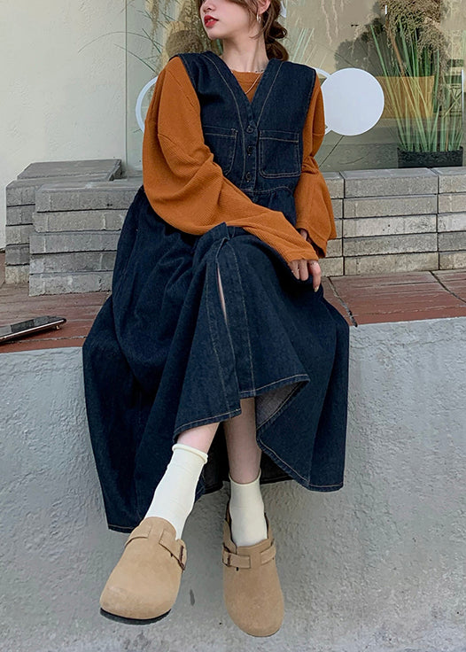 New Navy Button Tops and Waistcoat Dress Denim Two Pieces Set Spring