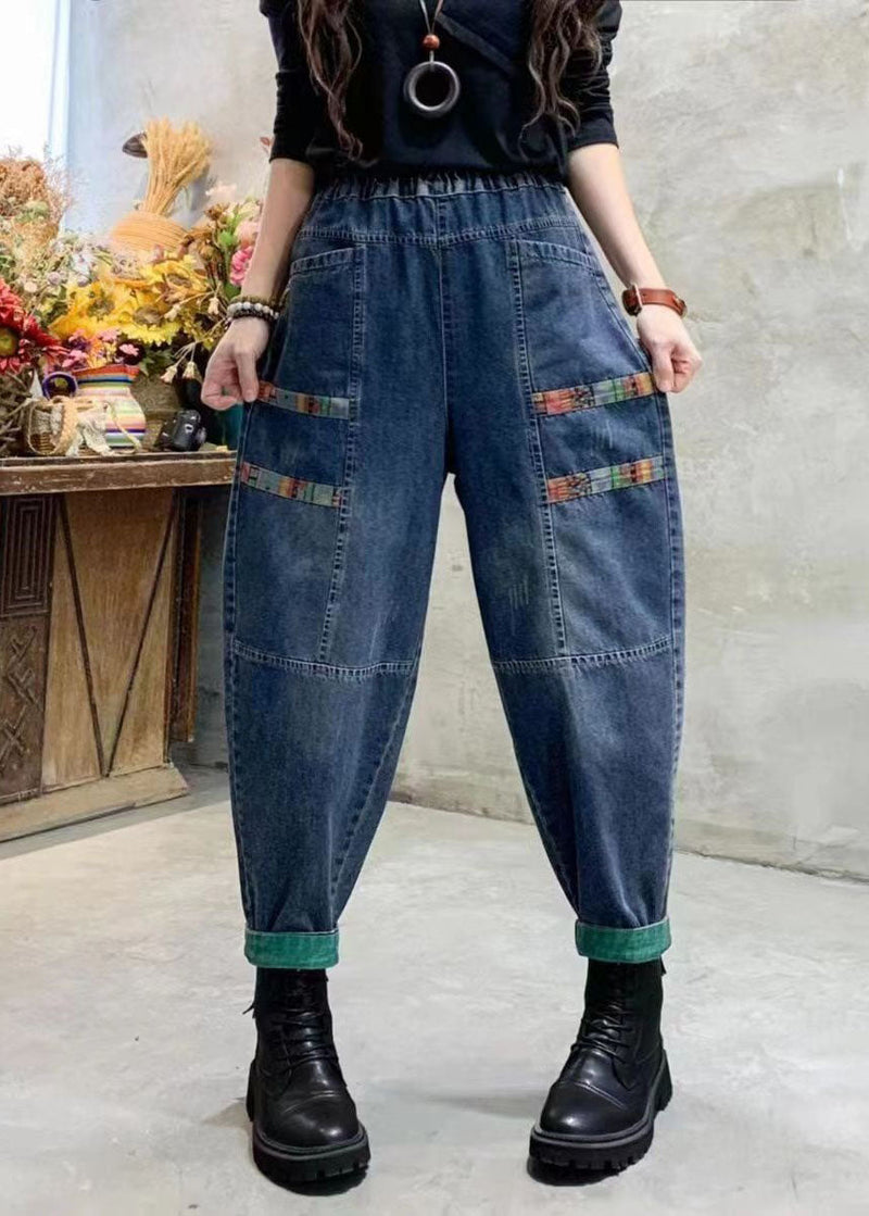 Blue Pockets Patchwork Applique Denim Harem Pants