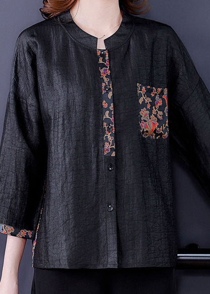 Classy Black O-neck Print Patchwork Silk Shirt Spring