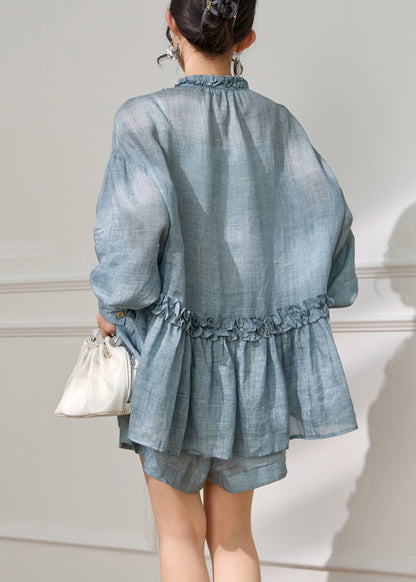 Blue Ruffled Lace Up Cotton Two Piece Set Summer