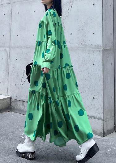 Stylish Green Dot Button Long Sleeve Dress Spring