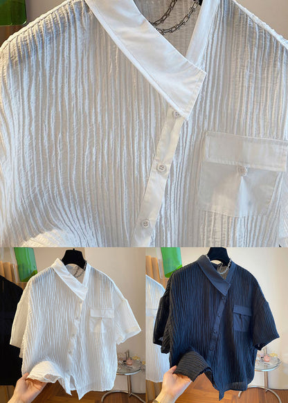 Black Button Pockets Cotton Shirt Asymmetrical Short Sleeve