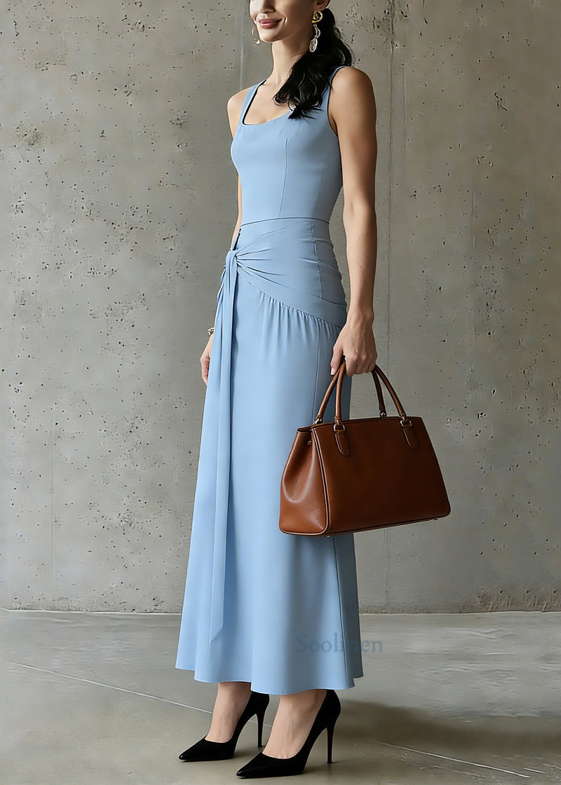Slim Fit Blue U Neck Patchwork Tie Waist Long Spaghetti Strap Dress Summer