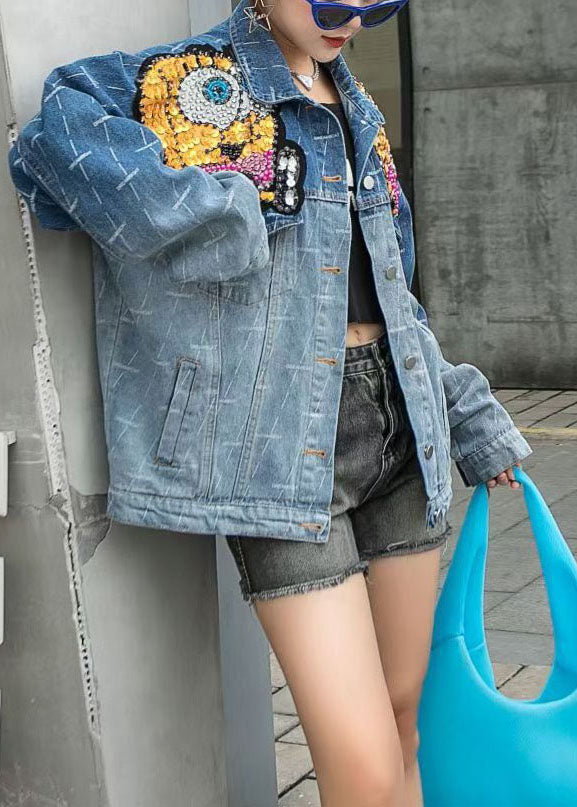 Art Blue Peter Pan Collar Patchwork Button Nail Bead Fall Denim Coat