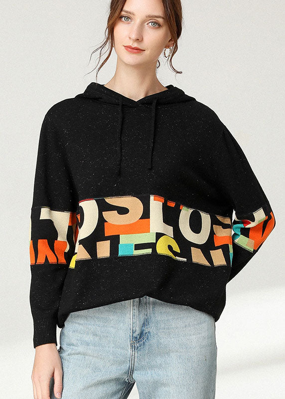Black Hooded Patchwork Print Top