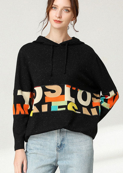 Black Hooded Patchwork Print Top