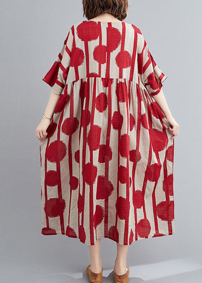 Red O-neck Print Wrinkled Exra Large Hem Cotton Long Dresses Short Sleeve