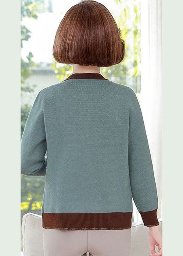 Stylish Orange O-neck Patchwork Pearl Button Knit Jackets Long Sleeve