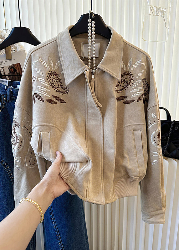 Khaki Embroidered Pockets Cotton Jackets Spring