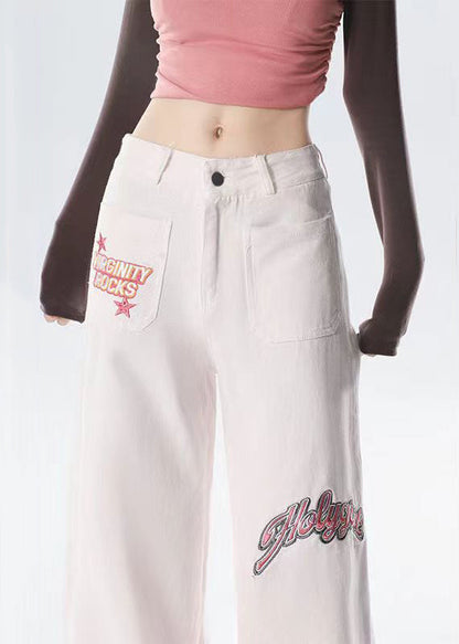 Gradient Pink Embroideried High Waist Denim Straight Pants Spring