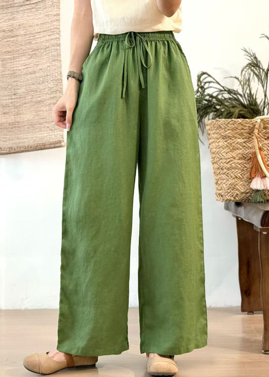 Green Elastic Waist Linen Straight Pants Summer