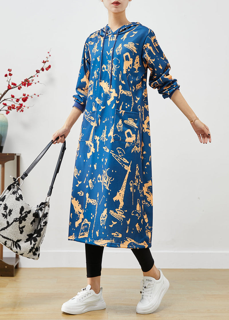 Blue Hooded Print Cotton Sweatshirts Dress Fall