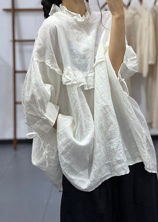 White Ruffled Oversized Cotton Blouses Half Sleeve