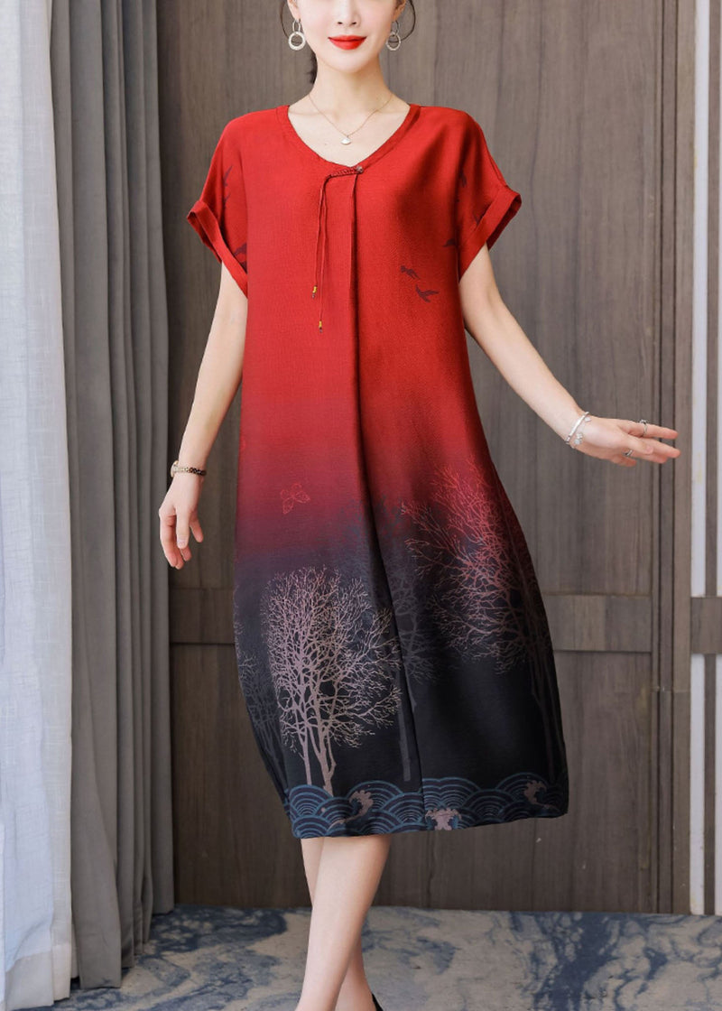 Red Gradient Color O-neck Tassel Print Silk Dresses Short Sleeve