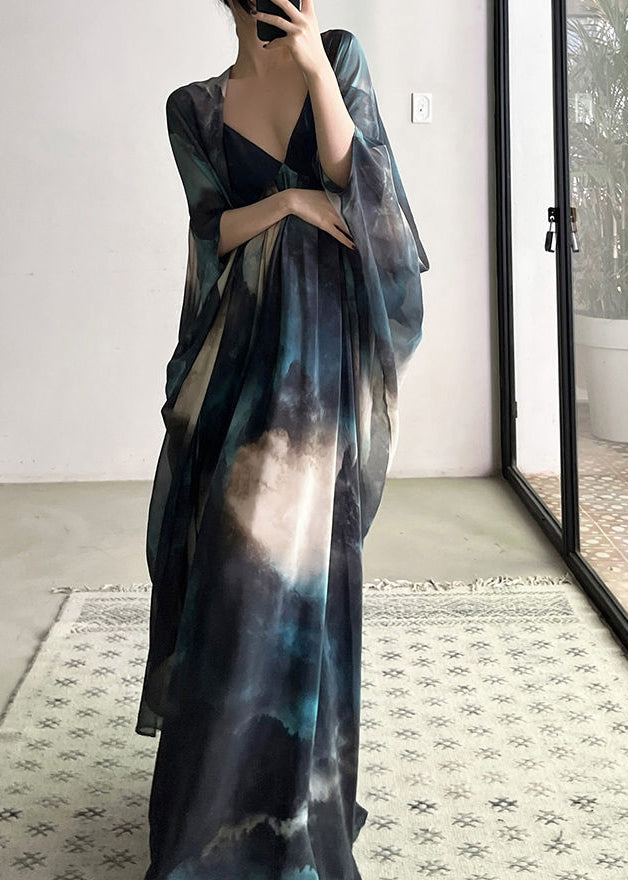 Blue Cardigans and Spaghetti Strap Dresses Chiffon Two Piece Suit Fall