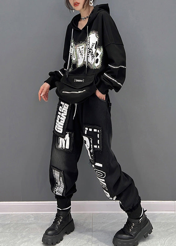 Organic Black Alphabet Print Drawstring Hooded Top and Pants Two Pieces Set Spring