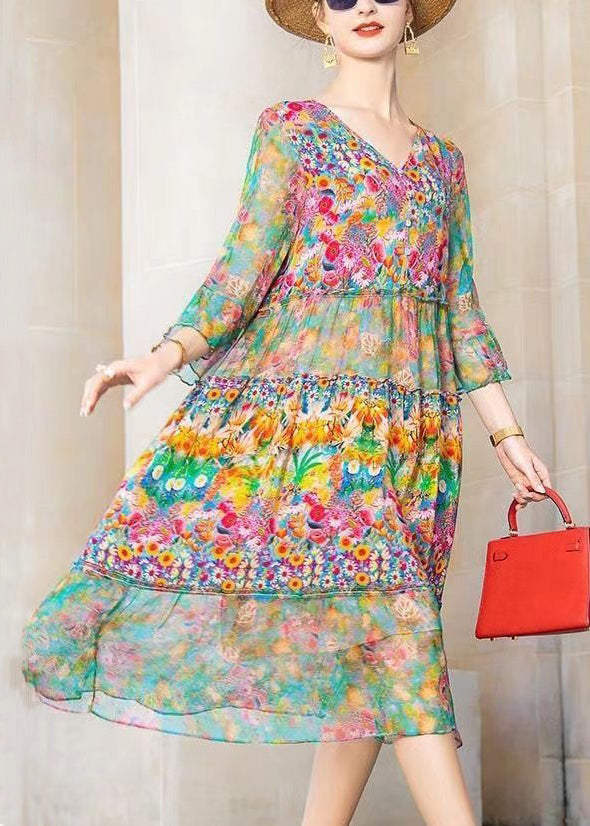 Colorblock V Neck Print Patchwork Chiffon Dresses Bracelet Sleeve