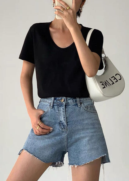 White U Neck Simple Cotton T Shirt Summer